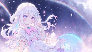 ((magical girl, white hair, rainbow eyes, doll dress, short dress, long hair, b cups, pale skin, soft skin, colorful snow background, rainbow, hearts, snow, snowing, ice, pastel, sun)), (masterpiece, best quality:1.2), fluffy, soft, light, bright, sparkles, twinkle, slightly downcast eyes, cute, pink, purple, crystals