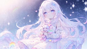 ((magical girl, white hair, rainbow eyes, doll dress, short dress, long hair, b cups, pale skin, soft skin, colorful snow background, rainbow, hearts, snow, snowing, ice, pastel, sun)), (masterpiece, best quality:1.2), fluffy, soft, light, bright, sparkles, twinkle, slightly downcast eyes, cute, pink, purple, crystals