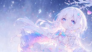 ((magical girl, white hair, rainbow eyes, doll dress, short dress, long hair, b cups, pale skin, soft skin, colorful snow background, rainbow, hearts, snow, snowing, ice, pastel, sun)), (masterpiece, best quality:1.2), fluffy, soft, light, bright, sparkles, twinkle, slightly downcast eyes, cute, pink, purple, crystals