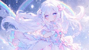 ((magical girl, white hair, rainbow eyes, doll dress, short dress, long hair, b cups, pale skin, soft skin, colorful snow background, rainbow, hearts, snow, snowing, ice, pastel, sun)), (masterpiece, best quality:1.2), fluffy, soft, light, bright, sparkles, twinkle, slightly downcast eyes, cute, pink, purple, crystals