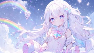 ((magical girl, white hair, rainbow eyes, doll dress, short dress, long hair, small breasts, pale skin, soft skin, colorful snow background, rainbow, hearts, snow, snowing, ice, pastel, sun)), (masterpiece, best quality:1.2), fluffy, soft, light, bright, sparkles, twinkle, slightly downcast eyes, cute, pink, purple, crystals