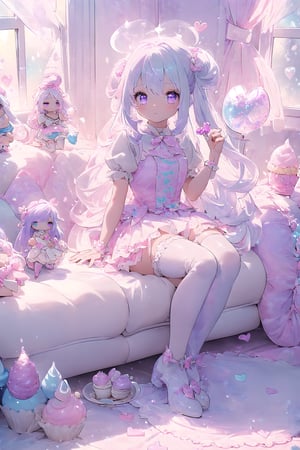 (((1girl, bright white hair, long hair, purple eyes, pale skin, lolita dress, white dress, short dress, white thigh stockings, small breasts, pale skin, soft skin, rainbow, hearts, heart pillows, pastel, crystals, halo, colorful, pink, purple, blue, doll)) 
((lots of dolls))
((sunlight coming through window)) 
((background, cute home))
((light atmosphere))
((dolls in home))
((sitting up, fullbody))
(fluffy, soft, light, bright, sparkles, twinkle, cute, pink, purple, blue, clouds, pastel, light colors, glitter, happy, normal pupil)
best quality, masterpiece, Detailedface, high_res 8K, candyland, full background, candy, sweets, lollipop, chocolate, ice cream, swirl lollipop, strawberry, ice cream, doughnut, cake, cupcake, balloon, chocolate bar, bubble, cream, whipped cream, dessert, pastry, candy wrapper, icing, teacup, confetti,1guy,best quality