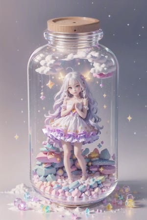 ((magical girl, rainbow, white hair, doll dress, short dress, long hair, purple eyes, small breasts, pale skin, soft skin, colorful snow background, rainbow, hearts, snow, snowing, ice, pastel, sun, clouds, sparkles, twinkle, crystals)),( fluffy, soft, light, bright, slightly downcast eyes, cute, pink, purple,  candy, sweets) (masterpiece, best quality:1.2), (on toy figure stand), glass bottle,  jar, gib\(concept\),bottle,kawaiitech