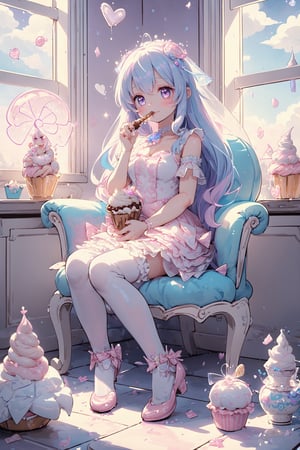 (((1girl, bright white hair, long hair, purple eyes, lolita dress, white dress, short dress, white thigh stockings, small breasts, pale skin, soft skin, rainbow, hearts, heart pillows, pastel, crystals, halo, colorful, pink, purple, blue, doll)) 
((sunlight coming through window)) 
((background, cute home))
((light atmosphere))
((dolls in home))
((sitting up, fullbody))
((4 children))
(fluffy, soft, light, bright, sparkles, twinkle, cute, pink, purple, blue, clouds, pastel, light colors, glitter, happy, normal pupil)
best quality, masterpiece, Detailedface, high_res 8K, candyland, full background, candy, sweets, lollipop, chocolate, ice cream, swirl lollipop, strawberry, ice cream, doughnut, cake, cupcake, balloon, chocolate bar, bubble, cream, whipped cream, dessert, pastry, candy wrapper, icing, teacup, confetti