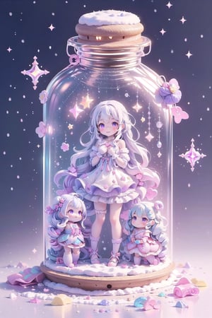 ((magical girl, rainbow, white hair, doll dress, short dress, long hair, purple eyes, small breasts, pale skin, soft skin, colorful snow background, rainbow, hearts, snow, snowing, ice, pastel, sun, clouds, sparkles, twinkle, crystals, stars)) (((white hair))),( fluffy, soft, light, bright, slightly downcast eyes, cute, pink, purple,  candy, sweets) (masterpiece, best quality:1.2), (on toy figure stand), glass bottle,  jar, gib\(concept\),bottle,kawaiitech