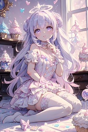 (((1girl, bright white hair, long hair, purple eyes, lolita dress, white dress, short dress, white thigh stockings, small breasts, pale skin, soft skin, rainbow, hearts, heart pillows, pastel, crystals, halo, colorful, pink, purple, blue, doll)) 
((sunlight coming through window)) 
((background, cute home))
((light atmosphere))
((dolls in home))
((4 children, sitting up, fullbody))
(fluffy, soft, light, bright, sparkles, twinkle, cute, pink, purple, blue, clouds, pastel, light colors, glitter, happy, normal pupil)
best quality, masterpiece, Detailedface, high_res 8K, candyland, candy, sweets, lollipop, chocolate, ice cream, swirl lollipop, strawberry, ice cream, doughnut, cake, cupcake, balloon, chocolate bar, bubble, cream, whipped cream, dessert, pastry, candy wrapper, icing, teacup, confetti, full background