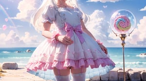 ((((1girl, bright white hair, long hair, purple eyes, pale skin, lolita dress, white dress, short dress, white thigh stockings, small breasts, pale skin, soft skin, rainbow, hearts, pastel, crystals, halo, colorful, doll, pink, purple, blue))))
((1girl standing))
((flat ground, ground with white water, ground with glowing pastel rainbow color running through water))
((sky with clouds, sphere of magical white energy in the top of the sky, pastel rainbow sparkles on the edge of sphere of magical white energy, magical ribbons of pastel rainbow colors sirwling into sphere of magical white energy in top the sky))
((lots of dolls everywhere))
((light atmosphere))
(fluffy, soft, light, bright, sparkles, twinkle, cute, pink, purple, blue, clouds, pastel, light colors, glitter, happy, normal pupil)
best quality, masterpiece, Detailedface, high_res 8K, candyland, full background, candy, sweets, lollipop, chocolate, ice cream, swirl lollipop, strawberry, ice cream, doughnut, cake, cupcake, balloon, chocolate bar, bubble, cream, whipped cream, dessert, pastry, candy wrapper, icing, teacup, confetti, cotton candy, Cute girl,score_9_up,best quality