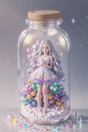 ((magical girl, rainbow, white hair, doll dress, short dress, long hair, purple eyes, small breasts, pale skin, soft skin, colorful snow background, rainbow, hearts, snow, snowing, ice, pastel, sun)), (masterpiece, best quality:1.2), fluffy, soft, light, bright, sparkles, twinkle, slightly downcast eyes, cute, pink, purple, (crystals), (on toy figure stand), glass bottle,  jar, gib\(concept\),bottle,kawaiitech, clouds, candy, sweets