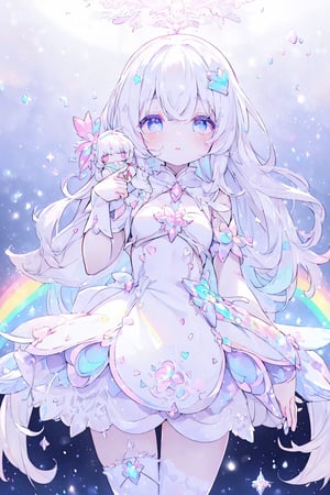 ((magical girl, white hair, rainbow eyes, doll dress, short dress, long hair, small breasts, pale skin, soft skin, colorful snow background, rainbow, hearts, snow, snowing, ice, pastel, sun)), (masterpiece, best quality:1.2), fluffy, soft, light, bright, sparkles, twinkle, slightly downcast eyes, cute, pink, purple, crystals