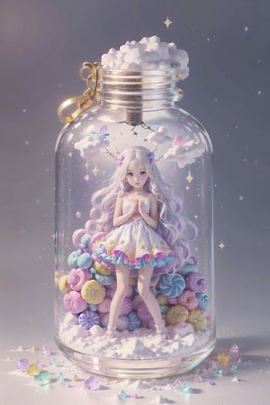 ((magical girl, rainbow, white hair, doll dress, short dress, long hair, purple eyes, small breasts, pale skin, soft skin, colorful snow background, rainbow, hearts, snow, snowing, ice, pastel, sun, clouds, sparkles, twinkle, crystals, stars)),( fluffy, soft, light, bright, slightly downcast eyes, cute, pink, purple,  candy, sweets) (masterpiece, best quality:1.2), (on toy figure stand), glass bottle,  jar, gib\(concept\),bottle,kawaiitech