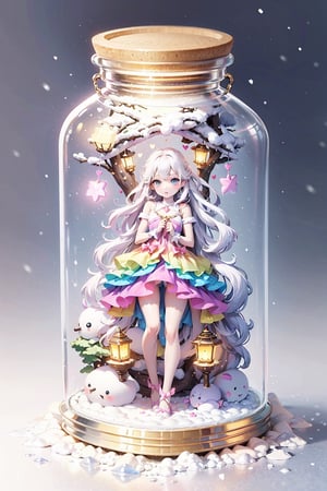 ((magical girl, white hair, rainbow eyes, doll dress, short dress, long hair, small breasts, pale skin, soft skin, colorful snow background, rainbow, hearts, snow, snowing, ice, pastel, sun)), (masterpiece, best quality:1.2), fluffy, soft, light, bright, sparkles, twinkle, slightly downcast eyes, cute, pink, purple, (crystals), (on toy figure stand), glass bottle,  jar, gib\(concept\),bottle,kawaiitech, clouds