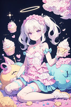 (((1girl, bright white hair, long hair, purple eyes, lolita dress, white dress, short dress, white stockings, small breasts, pale skin, soft skin, rainbow, hearts, heart pillows, pastel, crystals, halo, colorful, pink, purple, blue)))
((lots of dolls everywhere))
(fluffy, soft, light, bright, sparkles, twinkle, slightly downcast eyes, cute, pink, purple, blue, clouds)
(happy)
(sugar, glitter)
(fullbody)
(intricate details)
(cupcake:1.2)
(gradients)
(fantasy)
(jello)
(masterpiece, best quality:1.2)
(dynamic scene:1.1)
(blending)
(best quality)
8k, top quality, cryptids, cookie, rainbow, glowing, digital illustration, finely detailed face, detailed eyes, full body, falling, beautiful face, celestial prit, looking to the side, stunning, sharp focus, floating particles, insaneres, surreal, cinematic, line of action, ultra-detailed wallpaper, dreamy, floating raytracing in the style of pixar, cloud, cotton candy, whipped cream, dream, fantastic lighting and composition, fruit, colorful, vivid, a world made of candy, plant, scenery, full background, highly detailed, 3d, beautiful, personification, deep depth of field, adorable, cute, sweet, shiny, delicious, bloom, volumetric lighting, candyland, candy, see-through, transparent, glass, bubble, coral colors, smooth, extremely detailed,cryptids, kawaiitech,rayearth,retro artstyle