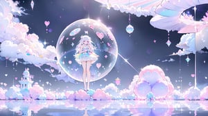 ((((1girl, bright white hair, long hair, purple eyes, pale skin, lolita dress, white dress, short dress, white thigh stockings, small breasts, pale skin, soft skin, rainbow, hearts, pastel, crystals, halo, colorful, doll, pink, purple, blue))))
(((flat ground, ground with white water, ground with glowing pastel rainbow color running through water)))
(((sky with clouds, sphere of magical white energy in the top of the sky, pastel rainbow sparkles on the edge of sphere of magical white energy, magical ribbons of pastel rainbow colors sirwling into sphere of magical white energy in top the sky)))
((lots of dolls everywhere))
((light atmosphere))
(fluffy, soft, light, bright, sparkles, twinkle, cute, pink, purple, blue, clouds, pastel, light colors, glitter, happy, normal pupil)
best quality, masterpiece, Detailedface, high_res 8K, candyland, full background, candy, sweets, lollipop, chocolate, ice cream, swirl lollipop, strawberry, ice cream, doughnut, cake, cupcake, balloon, chocolate bar, bubble, cream, whipped cream, dessert, pastry, candy wrapper, icing, teacup, confetti, cotton candy