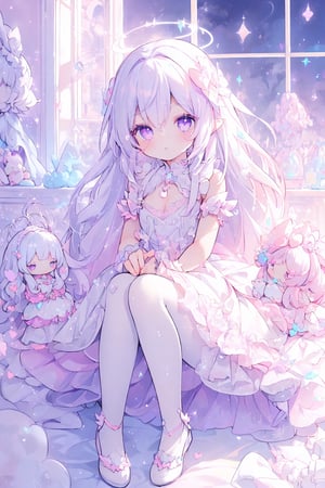 (((1girl, white hair, long hair, purple eyes, lolita dress, white dress, short dress, white stockings, small breasts, pale skin, soft skin, rainbow, hearts, heart pillows, pastel, crystals, halo, colorful, pink, purple, blue, doll))
((sunlight coming through window))
((background, cute home))
((dolls in home))
((sitting up, fullbody))
(fluffy, soft, light, bright, sparkles, twinkle, slightly downcast eyes, cute, pink, purple, blue, clouds)
best quality, masterpiece, glitter