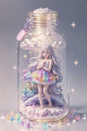 ((magical girl, rainbow, white hair, doll dress, short dress, long hair, purple eyes, small breasts, pale skin, soft skin, colorful snow background, rainbow, hearts, snow, snowing, ice, pastel, sun, clouds, sparkles, twinkle, crystals)),( fluffy, soft, light, bright, slightly downcast eyes, cute, pink, purple,  candy, sweets) (masterpiece, best quality:1.2), (on toy figure stand), glass bottle,  jar, gib\(concept\),bottle,kawaiitech