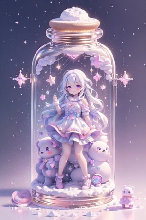 ((magical girl, rainbow, white hair, doll dress, short dress, long hair, purple eyes, small breasts, pale skin, soft skin, colorful snow background, rainbow, hearts, snow, snowing, ice, pastel, sun, clouds, sparkles, twinkle, crystals, stars)) (((white hair))),( fluffy, soft, light, bright, slightly downcast eyes, cute, pink, purple,  candy, sweets) (masterpiece, best quality:1.2), (on toy figure stand), glass bottle,  jar, gib\(concept\),bottle,kawaiitech