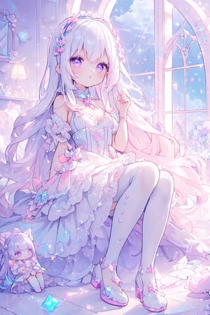 (((1girl, white hair, long hair, purple eyes, lolita dress, white dress, short dress, white stockings, small breasts, pale skin, soft skin, rainbow, hearts, heart pillows, pastel, crystals, halo, colorful, pink, purple, blue, doll))
((sunlight coming through window))
((background, cute home))
((dolls in home))
((sitting up, fullbody))
(fluffy, soft, light, bright, sparkles, twinkle, slightly downcast eyes, cute, pink, purple, blue, clouds)
best quality, masterpiece, glitter