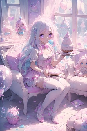 (((1girl, bright white hair, white eyelashes, long hair, purple eyes, pale skin, lolita dress, white dress, short dress, white thigh stockings, small breasts, pale skin, soft skin, rainbow, hearts, heart pillows, pastel, crystals, halo, colorful, pink, purple, blue, doll)) 
((lots of dolls))
((sunlight coming through window)) 
((background, cute home))
((light atmosphere))
((dolls in home))
((sitting up, fullbody))
(fluffy, soft, light, bright, sparkles, twinkle, cute, pink, purple, blue, clouds, pastel, light colors, glitter, happy, normal pupil)
best quality, masterpiece, Detailedface, high_res 8K, candyland, full background, candy, sweets, lollipop, chocolate, ice cream, swirl lollipop, strawberry, ice cream, doughnut, cake, cupcake, balloon, chocolate bar, bubble, cream, whipped cream, dessert, pastry, candy wrapper, icing, teacup, confetti,1guy,best quality
