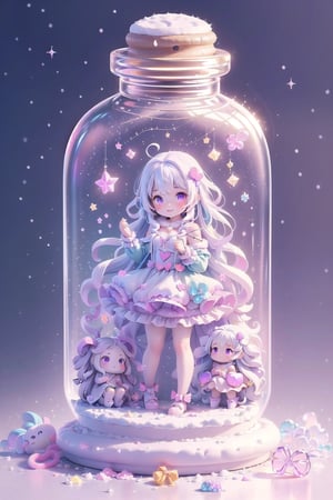 ((magical girl, rainbow, white hair, doll dress, short dress, long hair, purple eyes, small breasts, pale skin, soft skin, colorful snow background, rainbow, hearts, snow, snowing, ice, pastel, sun, clouds, sparkles, twinkle, crystals, stars)) (((white hair))),( fluffy, soft, light, bright, slightly downcast eyes, cute, pink, purple,  candy, sweets) (masterpiece, best quality:1.2), (on toy figure stand), glass bottle,  jar, gib\(concept\),bottle,kawaiitech