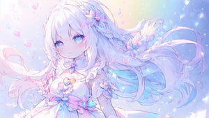 ((magical girl, white hair, rainbow eyes, doll dress, short dress, long hair, b cups, pale skin, soft skin, colorful snow background, rainbow, hearts, snow, snowing, ice, pastel, sun)), (masterpiece, best quality:1.2), fluffy, soft, light, bright, sparkles, twinkle, slightly downcast eyes, cute, pink, purple, crystals