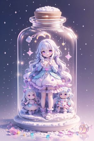 ((magical girl, rainbow, white hair, doll dress, short dress, long hair, purple eyes, small breasts, pale skin, soft skin, colorful snow background, rainbow, hearts, snow, snowing, ice, pastel, sun, clouds, sparkles, twinkle, crystals, stars)) (((white hair))),( fluffy, soft, light, bright, slightly downcast eyes, cute, pink, purple,  candy, sweets) (masterpiece, best quality:1.2), (on toy figure stand), glass bottle,  jar, gib\(concept\),bottle,kawaiitech