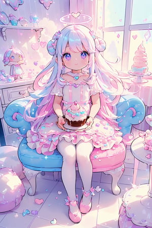 (((1girl, bright white hair, long hair, purple eyes, lolita dress, white dress, short dress, white thigh stockings, small breasts, pale skin, soft skin, rainbow, hearts, heart pillows, pastel, crystals, halo, colorful, pink, purple, blue, doll)) 
((sunlight coming through window)) 
((background, cute home))
((light atmosphere))
((dolls in home))
((sitting up, fullbody))
((4 children))
(fluffy, soft, light, bright, sparkles, twinkle, cute, pink, purple, blue, clouds, pastel, light colors, glitter, happy, normal pupil)
best quality, masterpiece, Detailedface, high_res 8K, candyland, full background, candy, sweets, lollipop, chocolate, ice cream, swirl lollipop, strawberry, ice cream, doughnut, cake, cupcake, balloon, chocolate bar, bubble, cream, whipped cream, dessert, pastry, candy wrapper, icing, teacup, confetti,1guy,best quality
