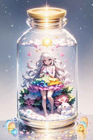 ((magical girl, white hair, rainbow eyes, doll dress, short dress, long hair, small breasts, pale skin, soft skin, colorful snow background, rainbow, hearts, snow, snowing, ice, pastel, sun)), (masterpiece, best quality:1.2), fluffy, soft, light, bright, sparkles, twinkle, slightly downcast eyes, cute, pink, purple, (crystals), (on toy figure stand), glass bottle,  jar, gib\(concept\),bottle,kawaiitech, clouds