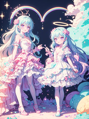 (((1girl, white hair, long hair, purple eyes, lolita dress, white dress, short dress, white stockings, small breasts, pale skin, soft skin, rainbow, hearts, heart pillows, pastel, crystals, halo, colorful, pink, purple, blue, doll))
(fluffy, soft, light, bright, sparkles, twinkle, slightly downcast eyes, cute, pink, purple, blue, clouds)
(sugar, glitter)
(fullbody)
(intricate details)
(cupcake:1.2)
(gradients)
(fantasy)
(jello)
(masterpiece, best quality:1.2)
(dynamic scene:1.1)
(blending)
(best quality)
8k, top quality, cryptids, cookie, rainbow, glowing, digital illustration, finely detailed face, detailed eyes, full body, falling, beautiful face, celestial prit, looking to the side, stunning, sharp focus, floating particles, insaneres, surreal, cinematic, line of action, ultra-detailed wallpaper, dreamy, floating raytracing in the style of pixar, cloud, cotton candy, whipped cream, dream, fantastic lighting and composition, fruit, colorful, vivid, a world made of candy, plant, scenery, full background, highly detailed, 3d, beautiful, personification, deep depth of field, adorable, cute, sweet, shiny, delicious, bloom, volumetric lighting, candyland, candy, see-through, transparent, glass, bubble, coral colors, smooth, extremely detailed,cryptids, kawaiitech,rayearth,retro artstyle,1girl