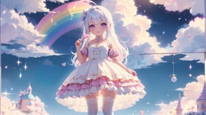 ((((1girl, bright white hair, long hair, purple eyes, pale skin, lolita dress, white dress, short dress, white thigh stockings, small breasts, pale skin, soft skin, rainbow, hearts, pastel, crystals, halo, colorful, doll, pink, purple, blue))))
((1girl standing))
((flat ground, ground with white water, ground with glowing pastel rainbow color running through water))
((sky with clouds, sphere of magical white energy in the top of the sky, pastel rainbow sparkles on the edge of sphere of magical white energy, magical ribbons of pastel rainbow colors sirwling into sphere of magical white energy in top the sky))
((lots of dolls everywhere))
((light atmosphere))
(fluffy, soft, light, bright, sparkles, twinkle, cute, pink, purple, blue, clouds, pastel, light colors, glitter, happy, normal pupil)
best quality, masterpiece, Detailedface, high_res 8K, candyland, full background, candy, sweets, lollipop, chocolate, ice cream, swirl lollipop, strawberry, ice cream, doughnut, cake, cupcake, balloon, chocolate bar, bubble, cream, whipped cream, dessert, pastry, candy wrapper, icing, teacup, confetti, cotton candy, Cute girl,score_9_up,best quality