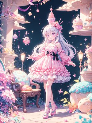(small breasts, purple eyes, white hair, long hair, short dress, lolita dress, smile)
(sugar, glitter)
(fullbody)
(intricate details)
(cupcake:1.2)
(gradients)
(fantasy)
(jello)
(masterpiece, best quality:1.2)
(dynamic scene:1.1)
(blending)
(best quality)
8k, top quality, cryptids, cookie, rainbow, glowing, digital illustration, finely detailed face, detailed eyes, full body, falling, beautiful face, celestial prit, looking to the side, stunning, sharp focus, floating particles, insaneres, surreal, cinematic, line of action, ultra-detailed wallpaper, dreamy, floating raytracing in the style of pixar, cloud, cotton candy, whipped cream, dream, fantastic lighting and composition, fruit, colorful, vivid, a world made of candy, plant, scenery, full background, highly detailed, 3d, beautiful, personification, deep depth of field, adorable, cute, sweet, shiny, delicious, bloom, volumetric lighting, candyland, candy, see-through, transparent, glass, bubble, coral colors, smooth, extremely detailed,cryptids, kawaiitech,rayearth,retro artstyle,1girl