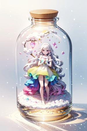 ((magical girl, white hair, rainbow eyes, doll dress, short dress, long hair, small breasts, pale skin, soft skin, colorful snow background, rainbow, hearts, snow, snowing, ice, pastel, sun)), (masterpiece, best quality:1.2), fluffy, soft, light, bright, sparkles, twinkle, slightly downcast eyes, cute, pink, purple, (crystals), (on toy figure stand), glass bottle,  jar, gib\(concept\),bottle,kawaiitech, clouds