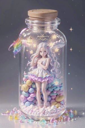 ((magical girl, rainbow, white hair, doll dress, short dress, long hair, purple eyes, small breasts, pale skin, soft skin, colorful snow background, rainbow, hearts, snow, snowing, ice, pastel, sun, clouds, sparkles, twinkle, crystals, stars)),( fluffy, soft, light, bright, slightly downcast eyes, cute, pink, purple,  candy, sweets) (masterpiece, best quality:1.2), (on toy figure stand), glass bottle,  jar, gib\(concept\),bottle,kawaiitech