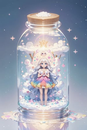 ((magical girl, white hair, rainbow eyes, doll dress, short dress, long hair, small breasts, pale skin, soft skin, colorful snow background, rainbow, hearts, snow, snowing, ice, pastel, sun)), (masterpiece, best quality:1.2), fluffy, soft, light, bright, sparkles, twinkle, slightly downcast eyes, cute, pink, purple, (crystals), (on toy figure stand), glass bottle,  jar, gib\(concept\),bottle,kawaiitech, clouds