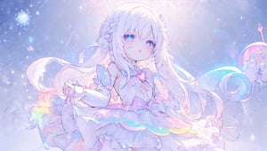 ((magical girl, white hair, rainbow eyes, doll dress, short dress, long hair, small breasts, pale skin, soft skin, colorful snow background, rainbow, hearts, snow, snowing, ice, pastel, sun)), (masterpiece, best quality:1.2), fluffy, soft, light, bright, sparkles, twinkle, slightly downcast eyes, cute, pink, purple, crystals