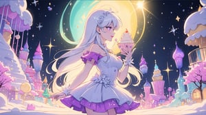((magical girl, white hair, purple eyes, doll dress, short dress, long hair, pale skin, soft skin, colorful snow background, rainbow dress, white dress, hearts, snow, snowing, ice, pastel, sun)), (masterpiece, best quality:1.2, , extremely detailed, Female profile, Delicate features, High resolution), (crystals), fluffy, soft, light, bright, sparkles, twinkle, slightly downcast eyes, cute, pink, purple, rainbow
(masterpiece, best quality:1.2), 8k, top quality, cryptids, cookie, (sugar, glitter), rainbow, glowing, digital illustration, smile, finely detailed face, detailed eyes, lipstick, falling, beautiful face, celestial prit, looking to the side, stunning, sharp focus, floating particles, insaneres, surreal, cinematic, (dynamic scene:1.1), line of action, ultra-detailed wallpaper, (intricate details), dreamy, floating] raytracing, (blending), in the style of pixar, cloud, cotton candy, whipped cream, dream, fantastic lighting and composition, fruit, colorful, vivid, a world made of candy, plant, scenery, full background, (cupcake:1.2), highly detailed, 3d, beautiful, personification, deep depth of field, adorable, cute, (gradients), sweet, shiny, delicious, bloom, volumetric lighting, (fantasy), candyland, candy, see-through, transparent, glass, bubble, (jello), coral colors, smooth, extremely detailed,cryptids,(best quality,kawaiitech,rayearth,retro artstyle