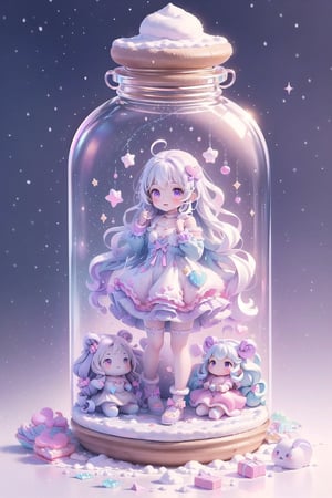 ((magical girl, rainbow, white hair, doll dress, short dress, long hair, purple eyes, small breasts, pale skin, soft skin, colorful snow background, rainbow, hearts, snow, snowing, ice, pastel, sun, clouds, sparkles, twinkle, crystals, stars)) (((white hair))),( fluffy, soft, light, bright, slightly downcast eyes, cute, pink, purple,  candy, sweets) (masterpiece, best quality:1.2), (on toy figure stand), glass bottle,  jar, gib\(concept\),bottle,kawaiitech