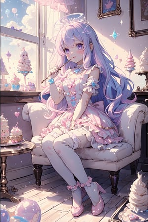 (((1girl, white hair, long hair, purple eyes, lolita dress, white dress, short dress, white thigh stockings, small breasts, pale skin, soft skin, rainbow, hearts, heart pillows, pastel, crystals, halo, colorful, pink, purple, blue, doll)) 
((sunlight coming through window)) 
((background, cute home))
((light atmosphere))
((dolls in home))
((4 children, sitting up, fullbody))
(fluffy, soft, light, bright, sparkles, twinkle, cute, pink, purple, blue, clouds, pastel, light colors, glitter)
(happy)
best quality, masterpiece, Detailedface, high_res 8K, candyland, candy, sweets, lollipop, chocolate, ice cream, swirl lollipop, strawberry, ice cream, doughnut, cake, cupcake, balloon, chocolate bar, bubble, pocky, crean, whipped cream, dessert, pastry, candy wrapper, icing, teacup, confetti