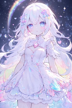 ((magical girl, white hair, rainbow eyes, doll dress, short dress, long hair, small breasts, pale skin, soft skin, colorful snow background, rainbow, hearts, snow, snowing, ice, pastel, sun)), (masterpiece, best quality:1.2), fluffy, soft, light, bright, sparkles, twinkle, slightly downcast eyes, cute, pink, purple, crystals