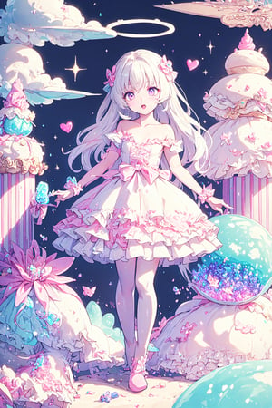 (((1girl, bright white hair, long hair, purple eyes, lolita dress, white dress, short dress, white stockings, small breasts, pale skin, soft skin, rainbow, hearts, heart pillows, pastel, crystals, halo, colorful, pink, purple, blue)))
((lots of dolls everywhere))
(fluffy, soft, light, bright, sparkles, twinkle, slightly downcast eyes, cute, pink, purple, blue, clouds)
(happy)
(sugar, glitter)
(fullbody)
(intricate details)
(cupcake:1.2)
(gradients)
(fantasy)
(jello)
(masterpiece, best quality:1.2)
(dynamic scene:1.1)
(blending)
(best quality)
8k, top quality, cryptids, cookie, rainbow, glowing, digital illustration, finely detailed face, detailed eyes, full body, falling, beautiful face, celestial prit, looking to the side, stunning, sharp focus, floating particles, insaneres, surreal, cinematic, line of action, ultra-detailed wallpaper, dreamy, floating raytracing in the style of pixar, cloud, cotton candy, whipped cream, dream, fantastic lighting and composition, fruit, colorful, vivid, a world made of candy, plant, scenery, full background, highly detailed, 3d, beautiful, personification, deep depth of field, adorable, cute, sweet, shiny, delicious, bloom, volumetric lighting, candyland, candy, see-through, transparent, glass, bubble, coral colors, smooth, extremely detailed,cryptids, kawaiitech,rayearth,retro artstyle