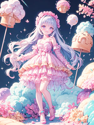 (small breasts, purple eyes, white hair, long hair, short dress, lolita dress, smile)
(sugar, glitter)
(fullbody)
(intricate details)
(cupcake:1.2)
(gradients)
(fantasy)
(jello)
(masterpiece, best quality:1.2)
(dynamic scene:1.1)
(blending)
(best quality)
8k, top quality, cryptids, cookie, rainbow, glowing, digital illustration, finely detailed face, detailed eyes, full body, falling, beautiful face, celestial prit, looking to the side, stunning, sharp focus, floating particles, insaneres, surreal, cinematic, line of action, ultra-detailed wallpaper, dreamy, floating raytracing in the style of pixar, cloud, cotton candy, whipped cream, dream, fantastic lighting and composition, fruit, colorful, vivid, a world made of candy, plant, scenery, full background, highly detailed, 3d, beautiful, personification, deep depth of field, adorable, cute, sweet, shiny, delicious, bloom, volumetric lighting, candyland, candy, see-through, transparent, glass, bubble, coral colors, smooth, extremely detailed,cryptids, kawaiitech,rayearth,retro artstyle,1girl