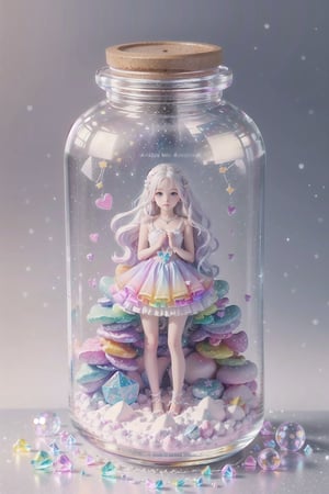 ((magical girl, rainbow, white hair, doll dress, short dress, long hair, purple eyes, small breasts, pale skin, soft skin, colorful snow background, rainbow, hearts, snow, snowing, ice, pastel, sun)), (masterpiece, best quality:1.2), fluffy, soft, light, bright, sparkles, twinkle, slightly downcast eyes, cute, pink, purple, (crystals), (on toy figure stand), glass bottle,  jar, gib\(concept\),bottle,kawaiitech, clouds, candy, sweets