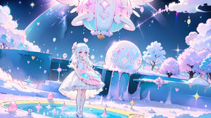 ((((1girl, bright white hair, long hair, purple eyes, pale skin, lolita dress, white dress, short dress, white thigh stockings, small breasts, pale skin, soft skin, rainbow, hearts, pastel, crystals, halo, colorful, doll, pink, purple, blue))))
(((flat ground, ground with white water, ground with glowing pastel rainbow color running through water)))
(((sky with clouds, sphere of magical white energy in the top of the sky, pastel rainbow sparkles on the edge of sphere of magical white energy, magical ribbons of pastel rainbow colors sirwling into sphere of magical white energy in top the sky)))
((lots of dolls everywhere))
((light atmosphere))
(fluffy, soft, light, bright, sparkles, twinkle, cute, pink, purple, blue, clouds, pastel, light colors, glitter, happy, normal pupil)
best quality, masterpiece, Detailedface, high_res 8K, candyland, full background, candy, sweets, lollipop, chocolate, ice cream, swirl lollipop, strawberry, ice cream, doughnut, cake, cupcake, balloon, chocolate bar, bubble, cream, whipped cream, dessert, pastry, candy wrapper, icing, teacup, confetti, cotton candy