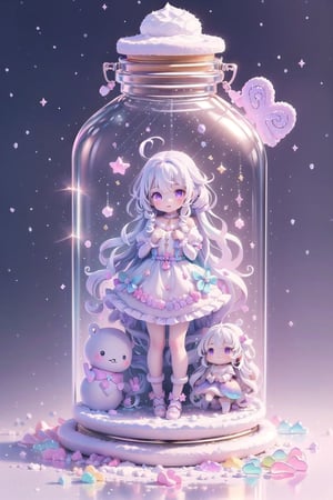 ((magical girl, rainbow, white hair, doll dress, short dress, long hair, purple eyes, small breasts, pale skin, soft skin, colorful snow background, rainbow, hearts, snow, snowing, ice, pastel, sun, clouds, sparkles, twinkle, crystals, stars)) (((white hair))),( fluffy, soft, light, bright, slightly downcast eyes, cute, pink, purple,  candy, sweets) (masterpiece, best quality:1.2), (on toy figure stand), glass bottle,  jar, gib\(concept\),bottle,kawaiitech