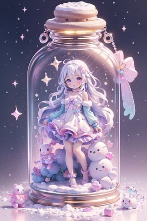 ((magical girl, rainbow, white hair, doll dress, short dress, long hair, purple eyes, small breasts, pale skin, soft skin, colorful snow background, rainbow, hearts, snow, snowing, ice, pastel, sun, clouds, sparkles, twinkle, crystals, stars)) (((white hair))),( fluffy, soft, light, bright, slightly downcast eyes, cute, pink, purple,  candy, sweets) (masterpiece, best quality:1.2), (on toy figure stand), glass bottle,  jar, gib\(concept\),bottle,kawaiitech