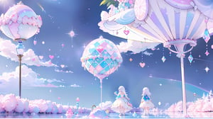 ((((1girl, bright white hair, long hair, purple eyes, pale skin, lolita dress, white dress, short dress, white thigh stockings, small breasts, pale skin, soft skin, rainbow, hearts, pastel, crystals, halo, colorful, doll, pink, purple, blue))))
(((flat ground, ground with white water, ground with glowing pastel rainbow color running through water)))
(((sky with clouds, sphere of magical white energy in the top of the sky, pastel rainbow sparkles on the edge of sphere of magical white energy, magical ribbons of pastel rainbow colors sirwling into sphere of magical white energy in top the sky)))
((lots of dolls everywhere))
((light atmosphere))
(fluffy, soft, light, bright, sparkles, twinkle, cute, pink, purple, blue, clouds, pastel, light colors, glitter, happy, normal pupil)
best quality, masterpiece, Detailedface, high_res 8K, candyland, full background, candy, sweets, lollipop, chocolate, ice cream, swirl lollipop, strawberry, ice cream, doughnut, cake, cupcake, balloon, chocolate bar, bubble, cream, whipped cream, dessert, pastry, candy wrapper, icing, teacup, confetti, cotton candy