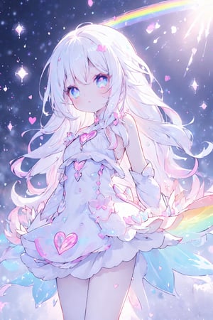 ((magical girl, white hair, rainbow eyes, doll dress, short dress, long hair, small breasts, pale skin, soft skin, colorful snow background, rainbow, hearts, snow, snowing, ice, pastel, sun)), (masterpiece, best quality:1.2), fluffy, soft, light, bright, sparkles, twinkle, slightly downcast eyes, cute, pink, purple, crystals