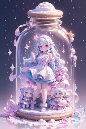 ((magical girl, rainbow, white hair, doll dress, short dress, long hair, purple eyes, small breasts, pale skin, soft skin, colorful snow background, rainbow, hearts, snow, snowing, ice, pastel, sun, clouds, sparkles, twinkle, crystals, stars)) (((white hair))),( fluffy, soft, light, bright, slightly downcast eyes, cute, pink, purple,  candy, sweets) (masterpiece, best quality:1.2), (on toy figure stand), glass bottle,  jar, gib\(concept\),bottle,kawaiitech