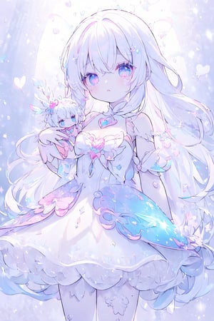 ((magical girl, white hair, rainbow eyes, doll dress, short dress, long hair, small breasts, pale skin, soft skin, colorful snow background, rainbow, hearts, snow, snowing, ice, pastel, sun)), (masterpiece, best quality:1.2), fluffy, soft, light, bright, sparkles, twinkle, slightly downcast eyes, cute, pink, purple, crystals