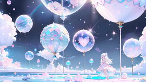 ((((1girl, bright white hair, long hair, purple eyes, pale skin, lolita dress, white dress, short dress, white thigh stockings, small breasts, pale skin, soft skin, rainbow, hearts, pastel, crystals, halo, colorful, doll, pink, purple, blue))))
(((flat ground, ground with white water, ground with glowing pastel rainbow color running through water)))
(((sky with clouds, sphere of magical white energy in the top of the sky, pastel rainbow sparkles on the edge of sphere of magical white energy, magical ribbons of pastel rainbow colors sirwling into sphere of magical white energy in top the sky)))
((lots of dolls everywhere))
((light atmosphere))
(fluffy, soft, light, bright, sparkles, twinkle, cute, pink, purple, blue, clouds, pastel, light colors, glitter, happy, normal pupil)
best quality, masterpiece, Detailedface, high_res 8K, candyland, full background, candy, sweets, lollipop, chocolate, ice cream, swirl lollipop, strawberry, ice cream, doughnut, cake, cupcake, balloon, chocolate bar, bubble, cream, whipped cream, dessert, pastry, candy wrapper, icing, teacup, confetti, cotton candy