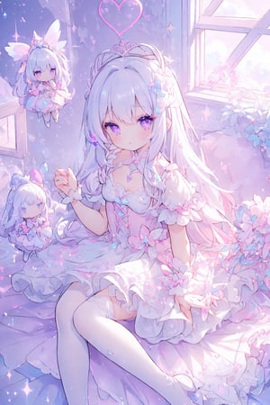 (((1girl, white hair, long hair, purple eyes, lolita dress, white dress, short dress, white stockings, small breasts, pale skin, soft skin, rainbow, hearts, heart pillows, pastel, crystals, halo, colorful, pink, purple, blue, doll))
((sunlight coming through window))
((background, cute home))
((dolls in home))
((sitting up, fullbody))
(fluffy, soft, light, bright, sparkles, twinkle, slightly downcast eyes, cute, pink, purple, blue, clouds)
best quality, masterpiece, glitter